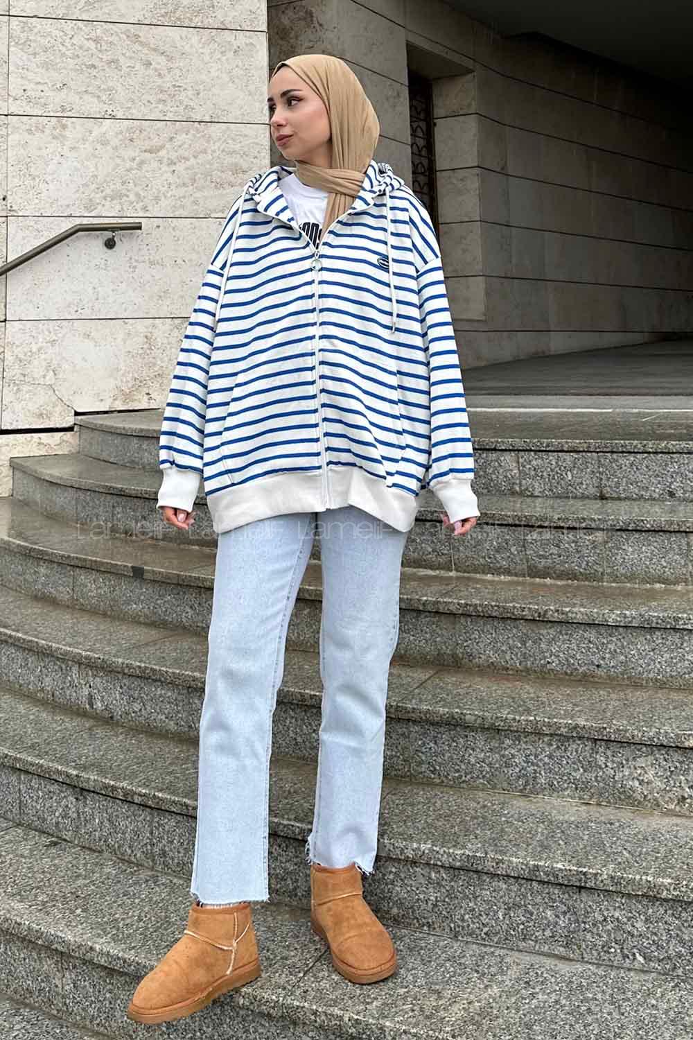 Lamelif Ön Fermuarlı Çizgili Sweatshirt Mavi