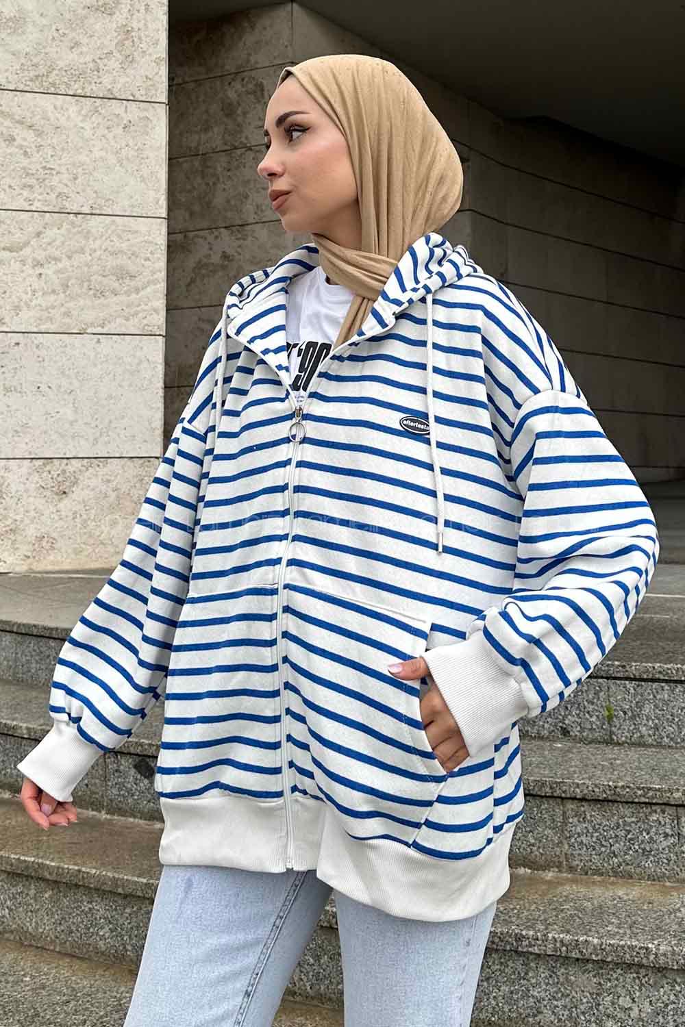 Lamelif Ön Fermuarlı Çizgili Sweatshirt Mavi