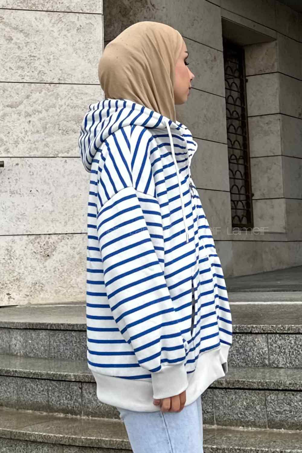 Lamelif Ön Fermuarlı Çizgili Sweatshirt Mavi