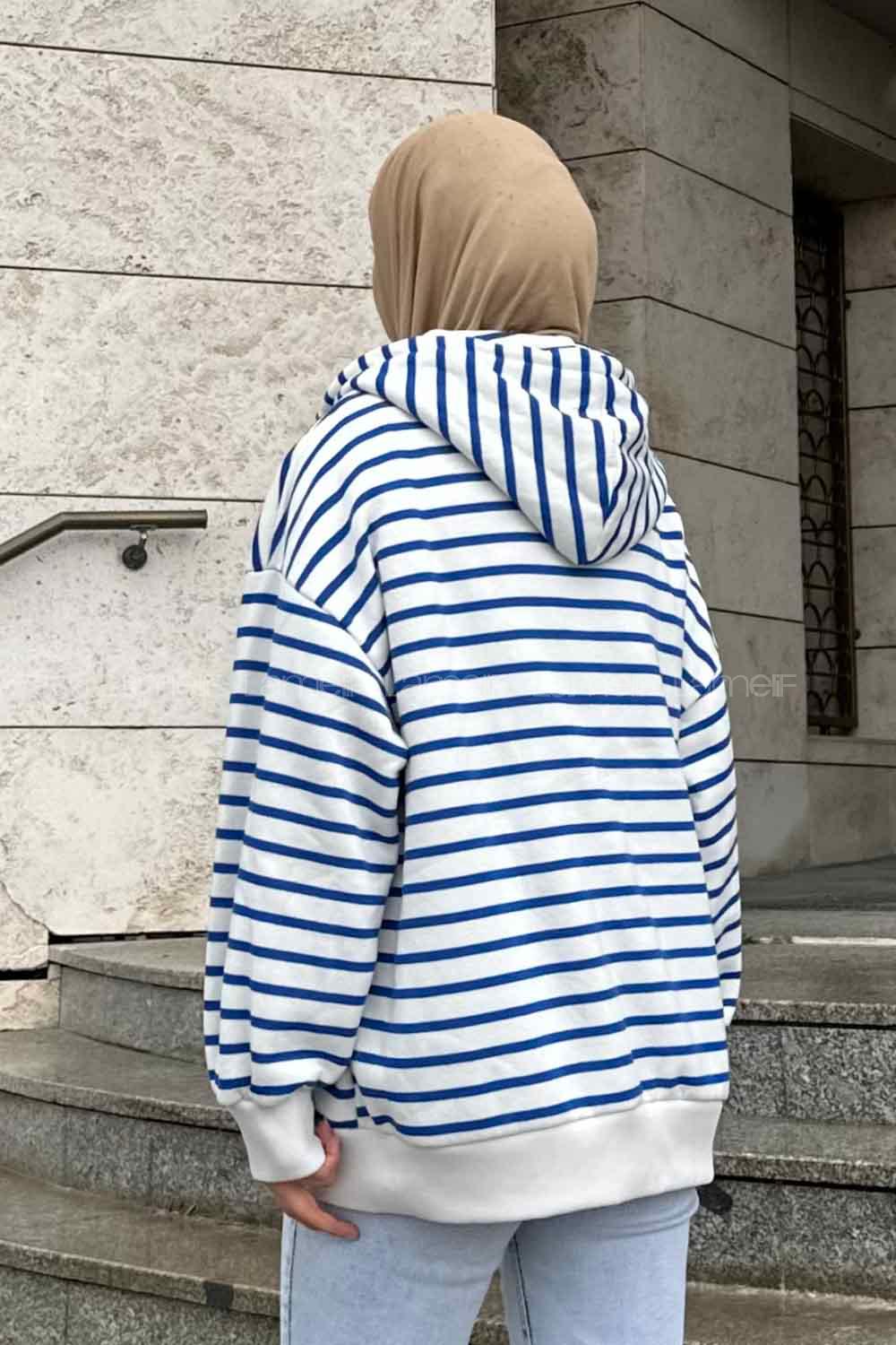 Lamelif Ön Fermuarlı Çizgili Sweatshirt Mavi