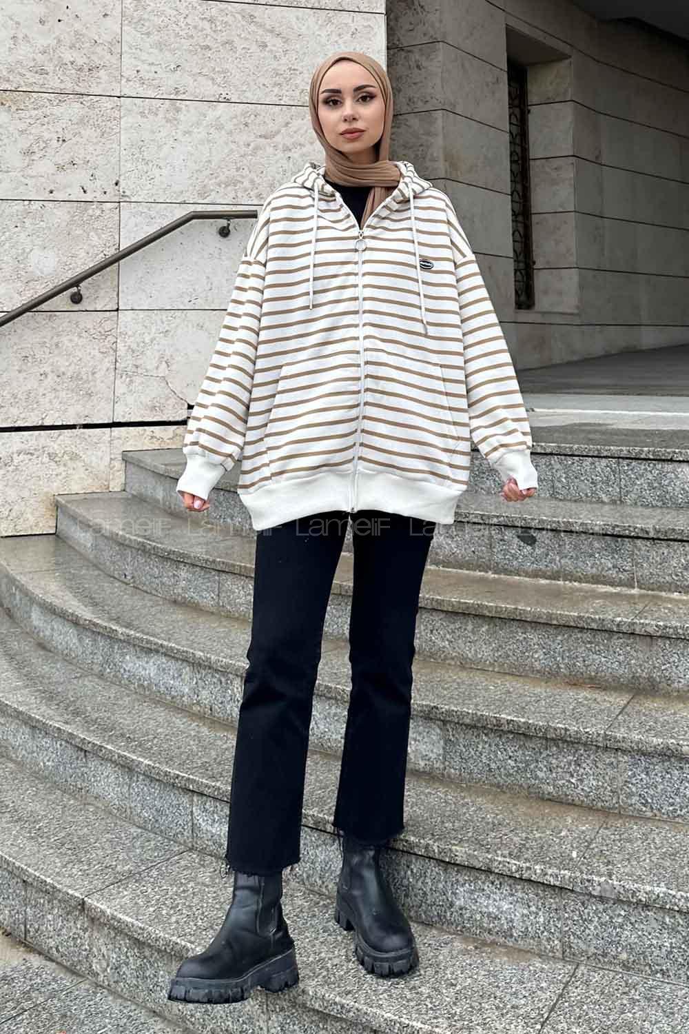 Lamelif Ön Fermuarlı Çizgili Sweatshirt Sütlü Kahve