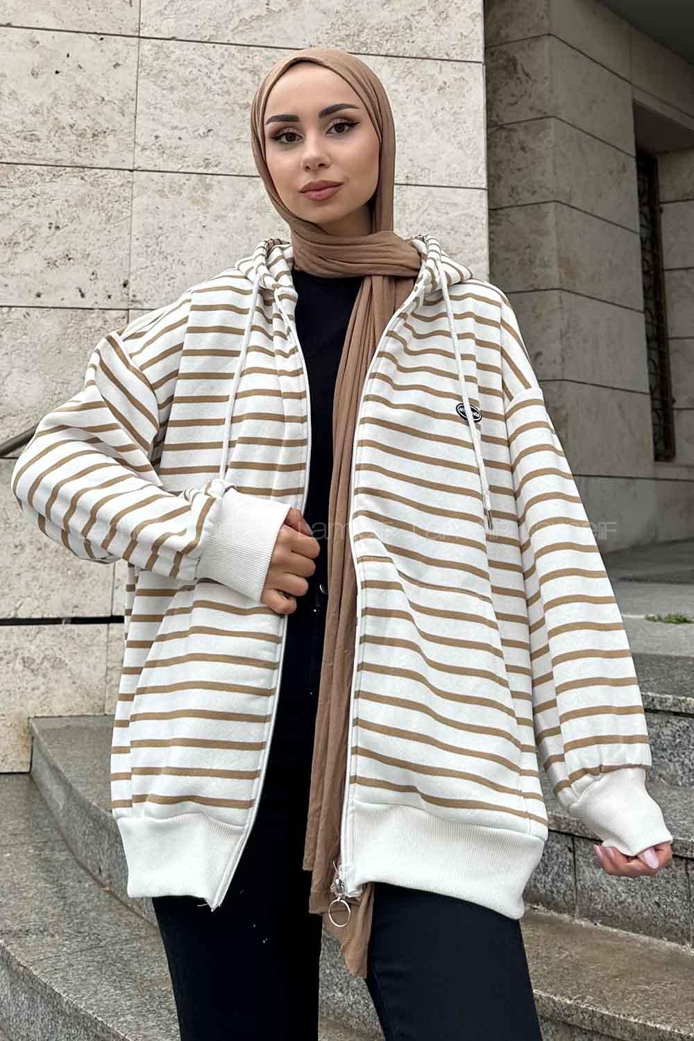 Lamelif Ön Fermuarlı Çizgili Sweatshirt Sütlü Kahve