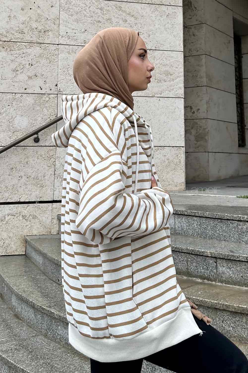 Lamelif Ön Fermuarlı Çizgili Sweatshirt Sütlü Kahve