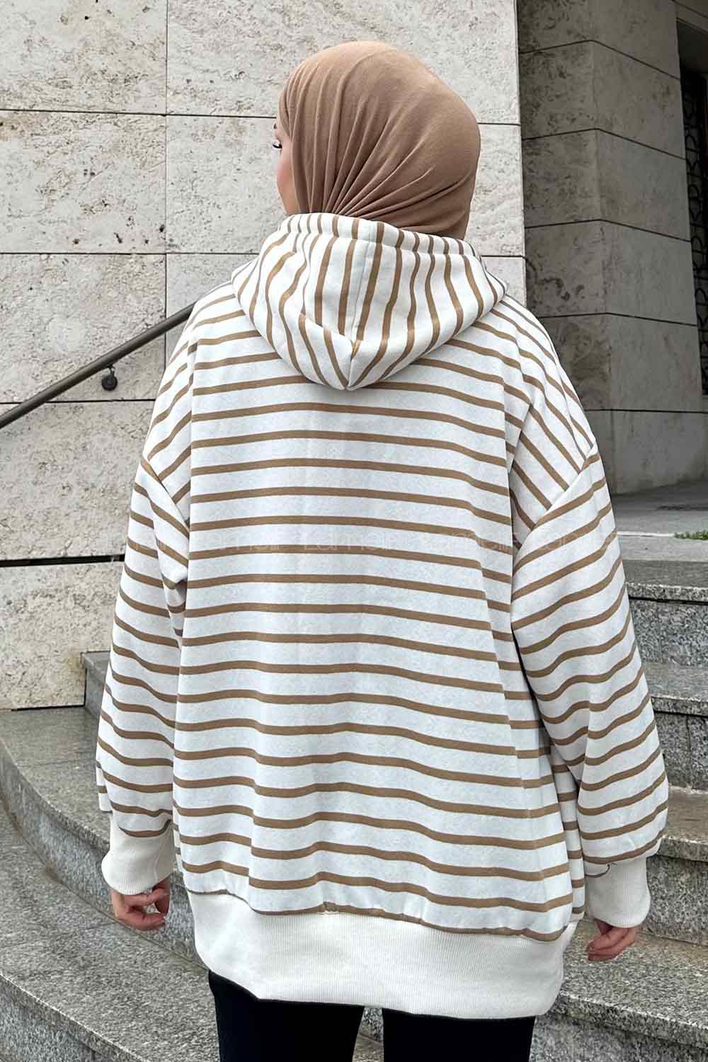 Lamelif Ön Fermuarlı Çizgili Sweatshirt Sütlü Kahve