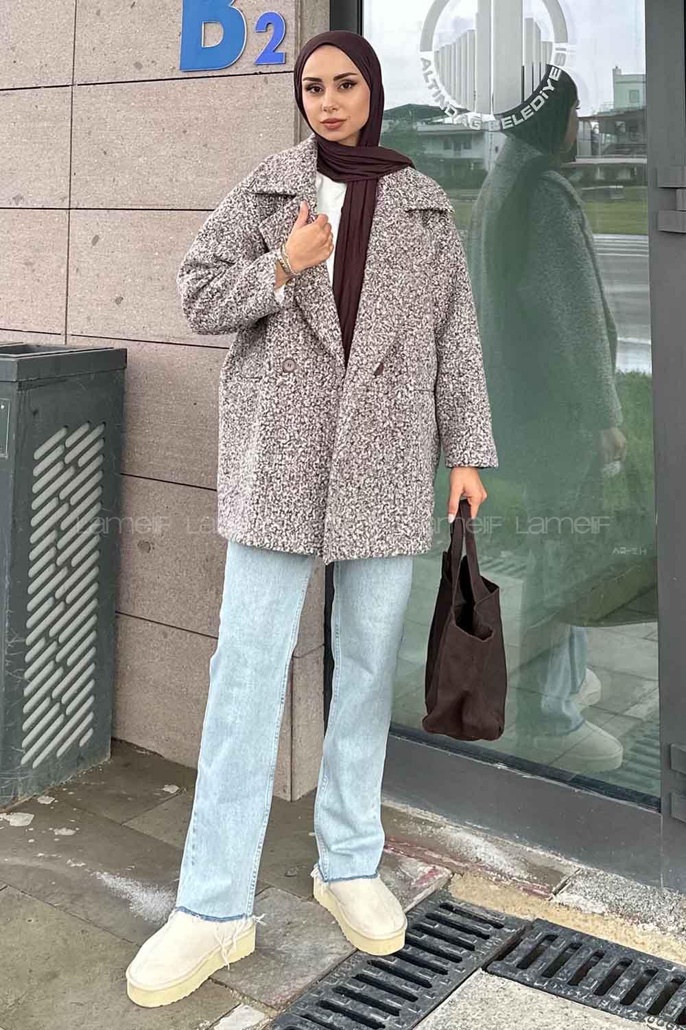 Brown Medium V Neck Long Arm Stamp Fabric Coat