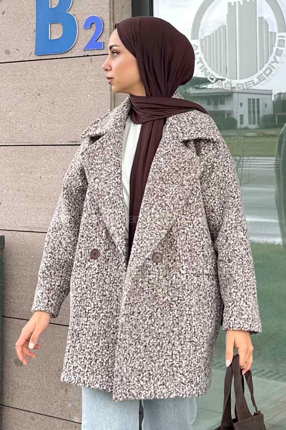 Brown Medium V Neck Long Arm Stamp Fabric Coat