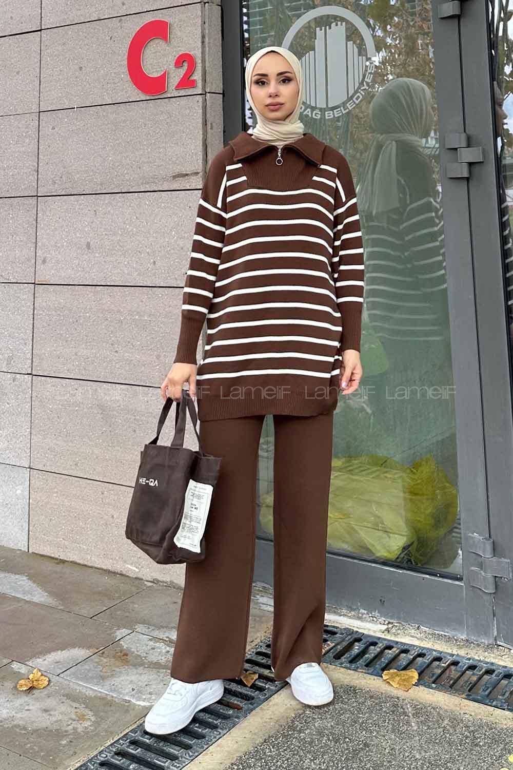 Brown Zippered Neck Long Arm Knitwear Regular Trousers Comfortable Suit