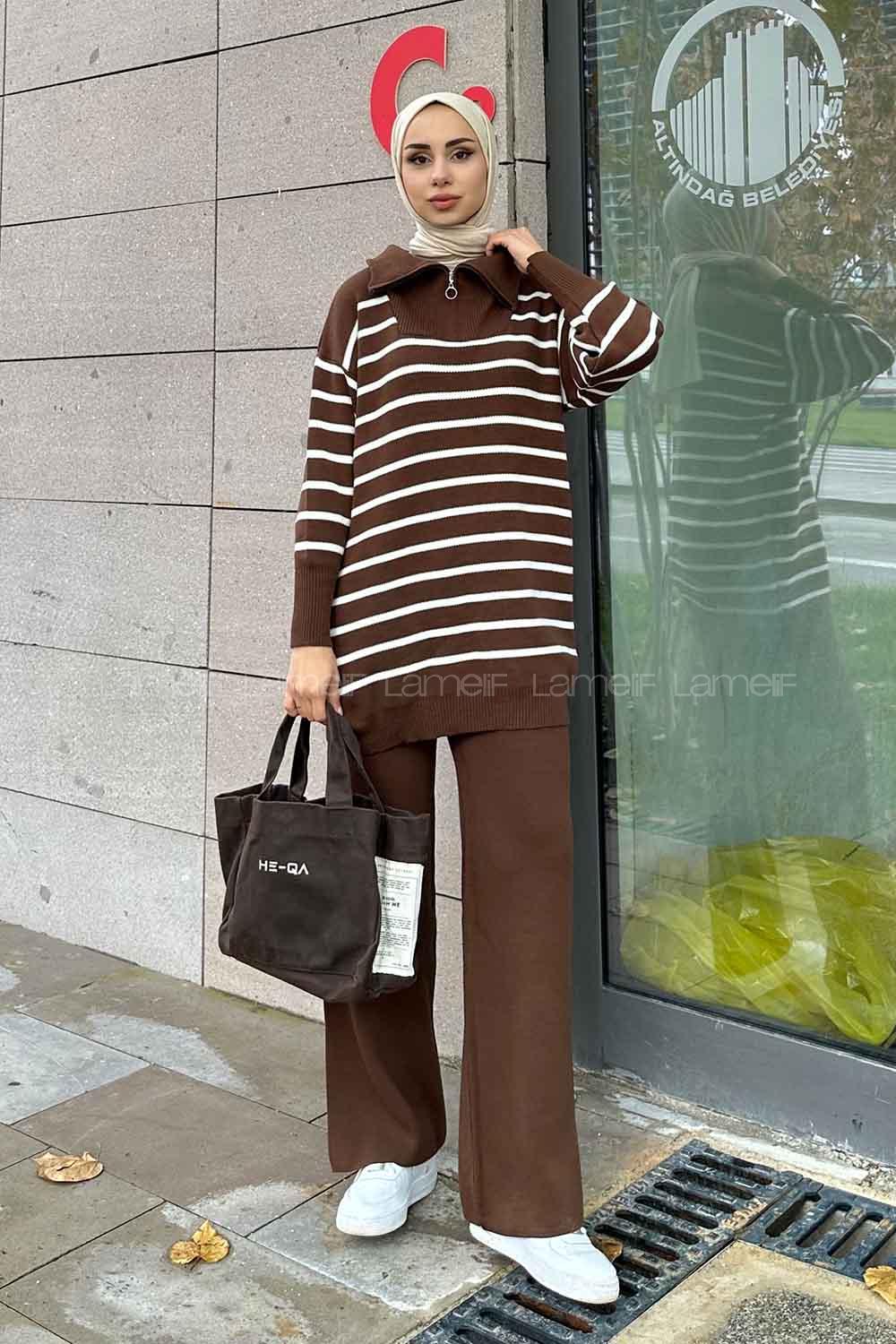 Brown Zippered Neck Long Arm Knitwear Regular Trousers Comfortable Suit