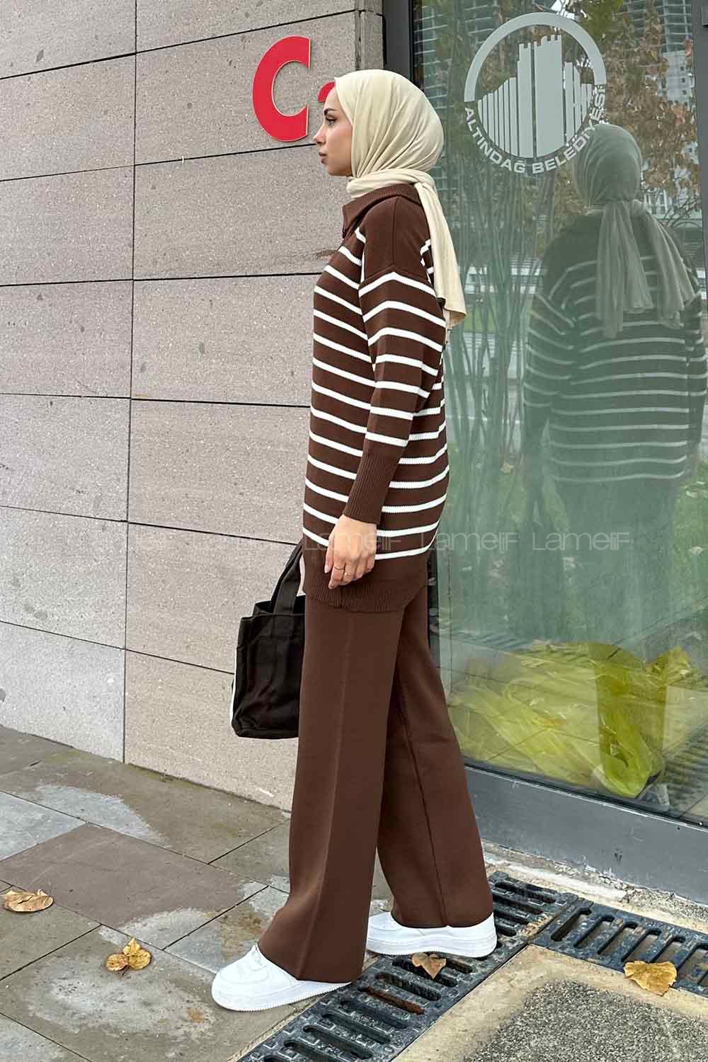 Brown Zippered Neck Long Arm Knitwear Regular Trousers Comfortable Suit