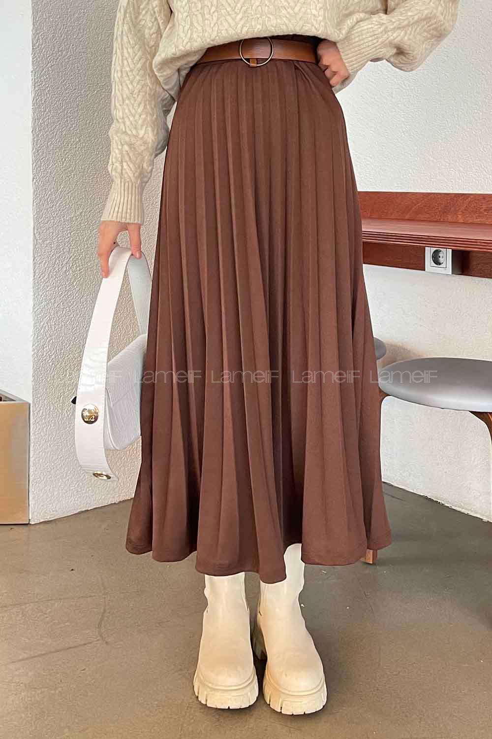 Bitter Brown Viscose Fabric Unprinted Pleated Skirt