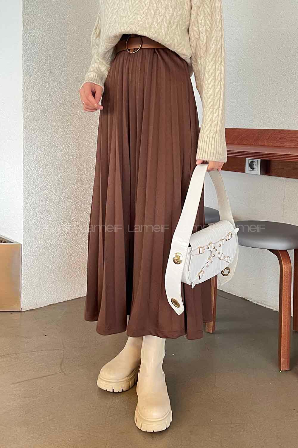 Bitter Brown Viscose Fabric Unprinted Pleated Skirt