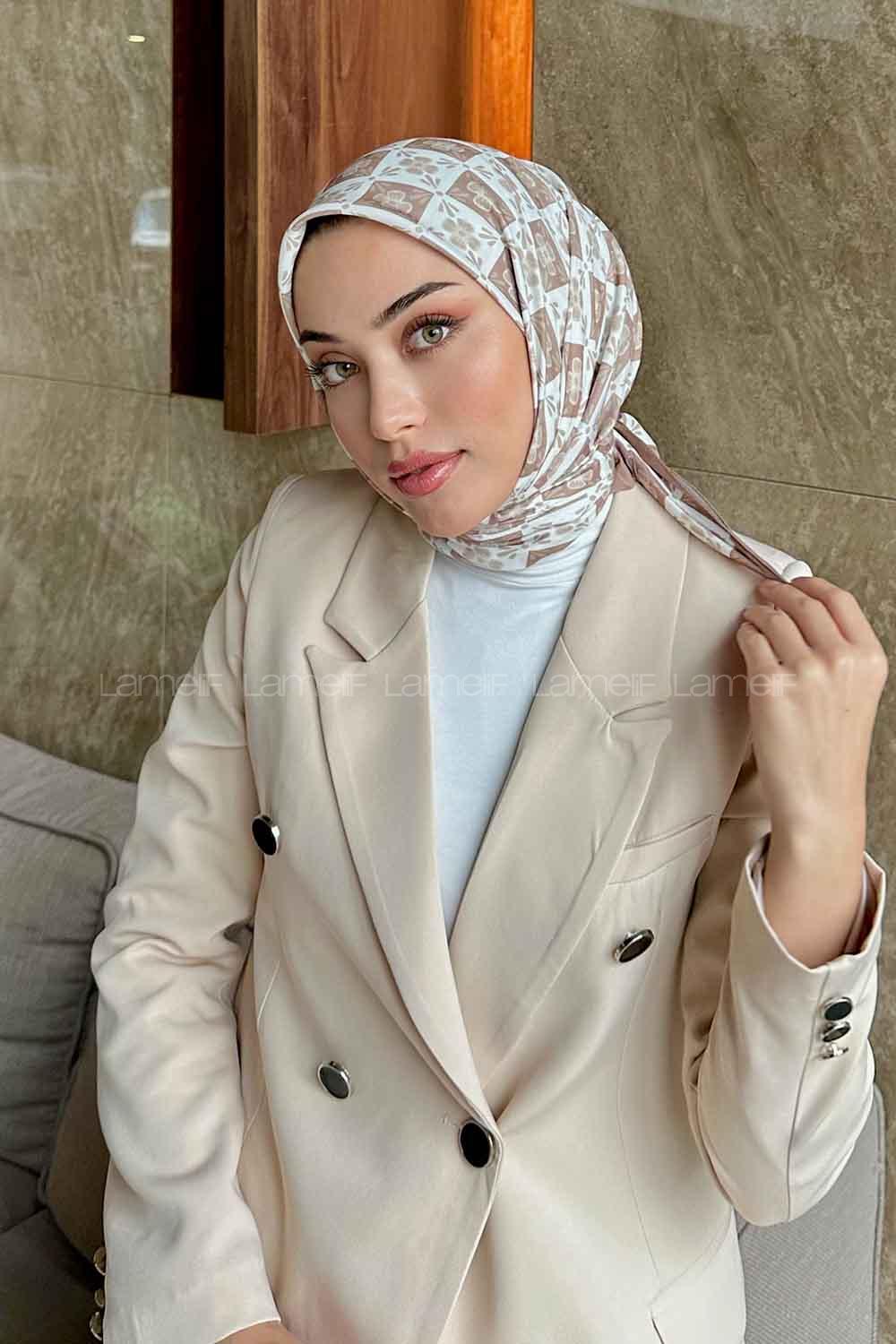 Lamelif Etnik Çiçek Desen Soft Eşarp Serisi Ekru-Sütlü Kahve