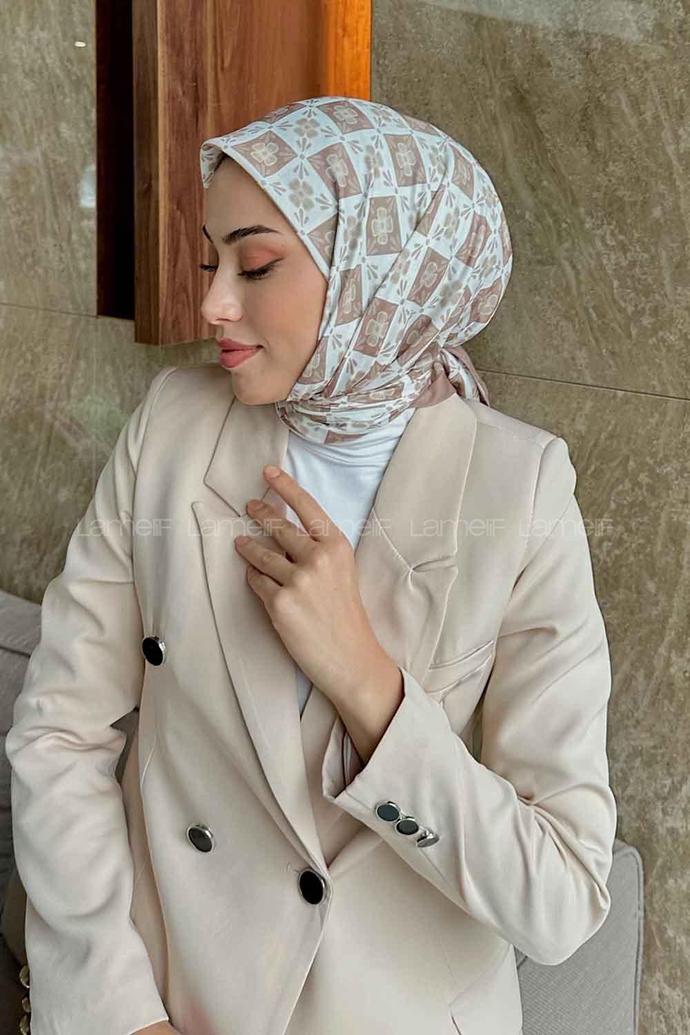 Lamelif Etnik Çiçek Desen Soft Eşarp Serisi Ekru-Sütlü Kahve