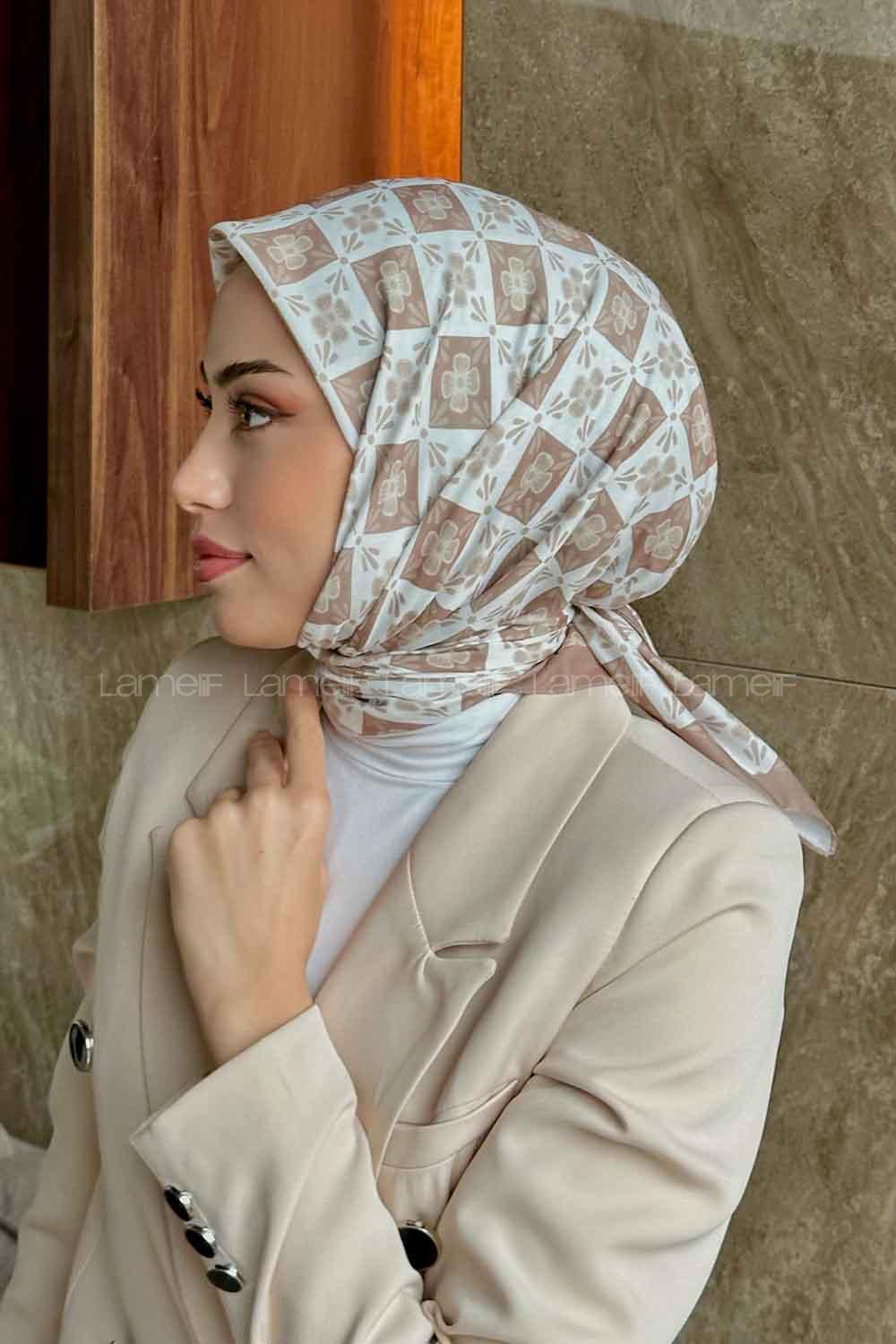 Lamelif Etnik Çiçek Desen Soft Eşarp Serisi Ekru-Sütlü Kahve