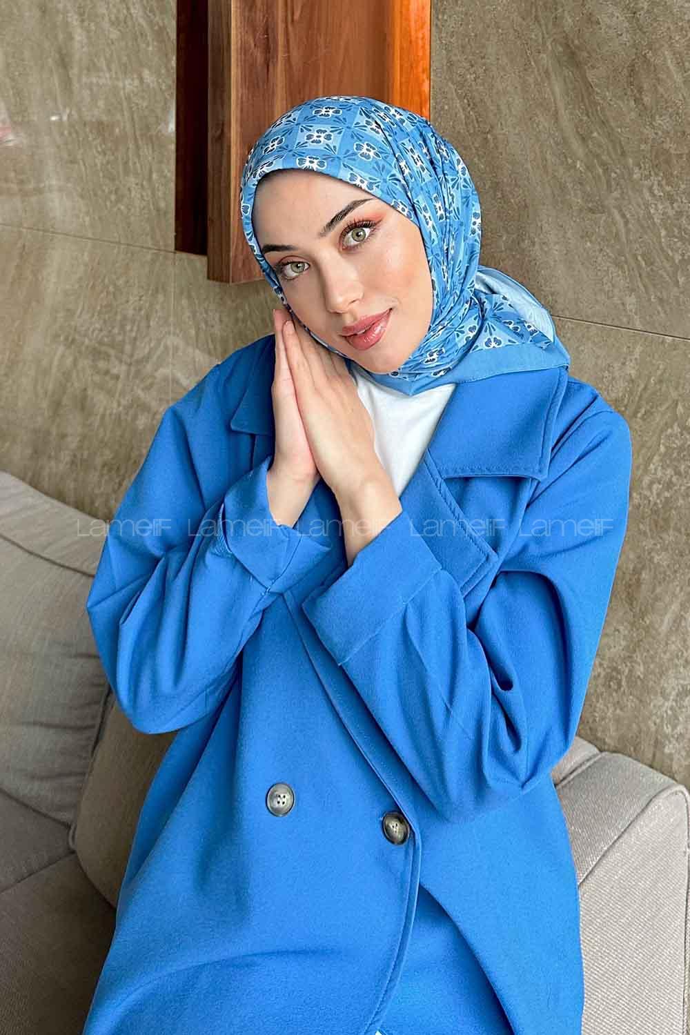 Lamelif Etnik Çiçek Desen Soft Eşarp Serisi Kot Mavisi