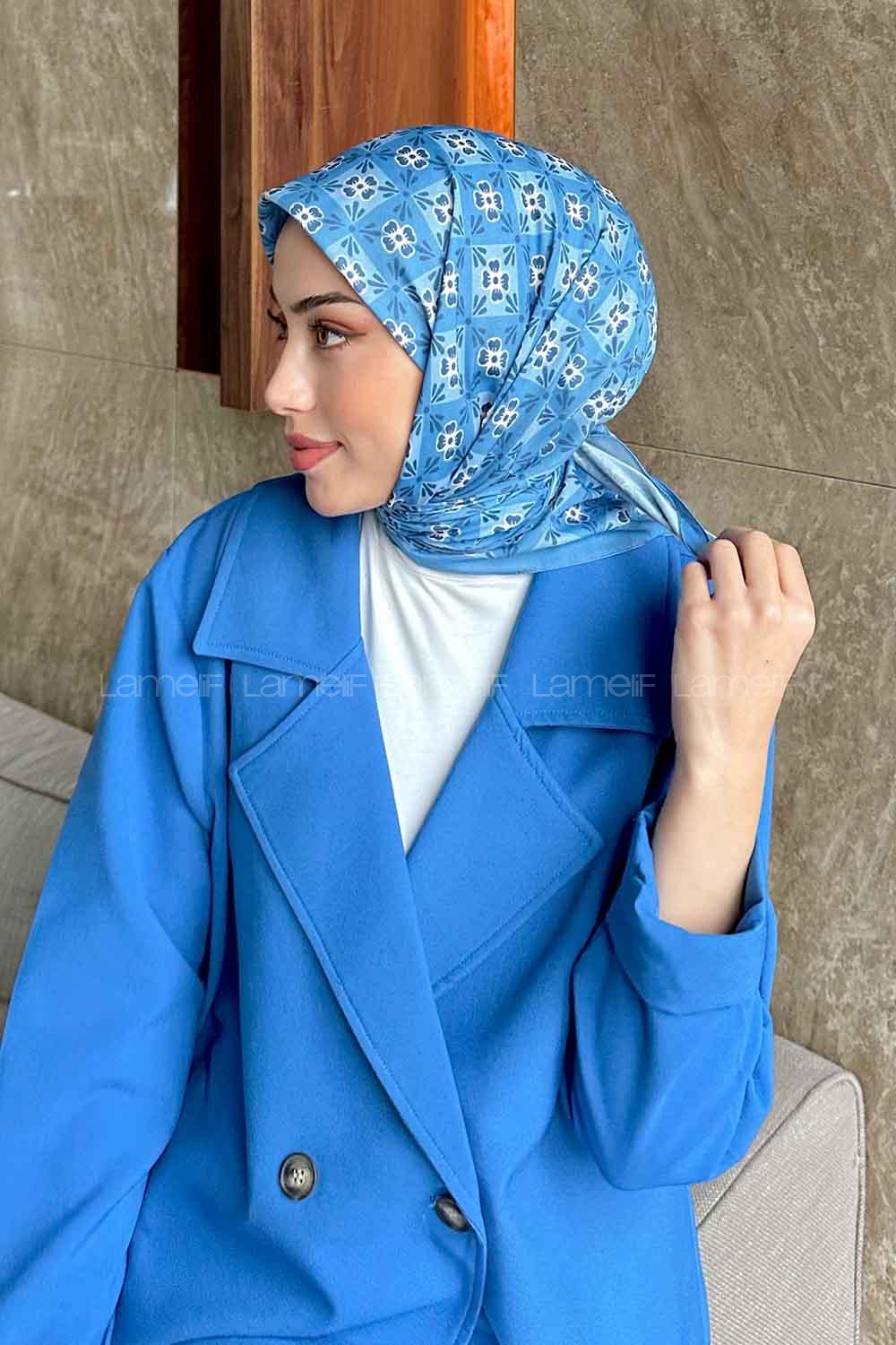 Lamelif Etnik Çiçek Desen Soft Eşarp Serisi Kot Mavisi