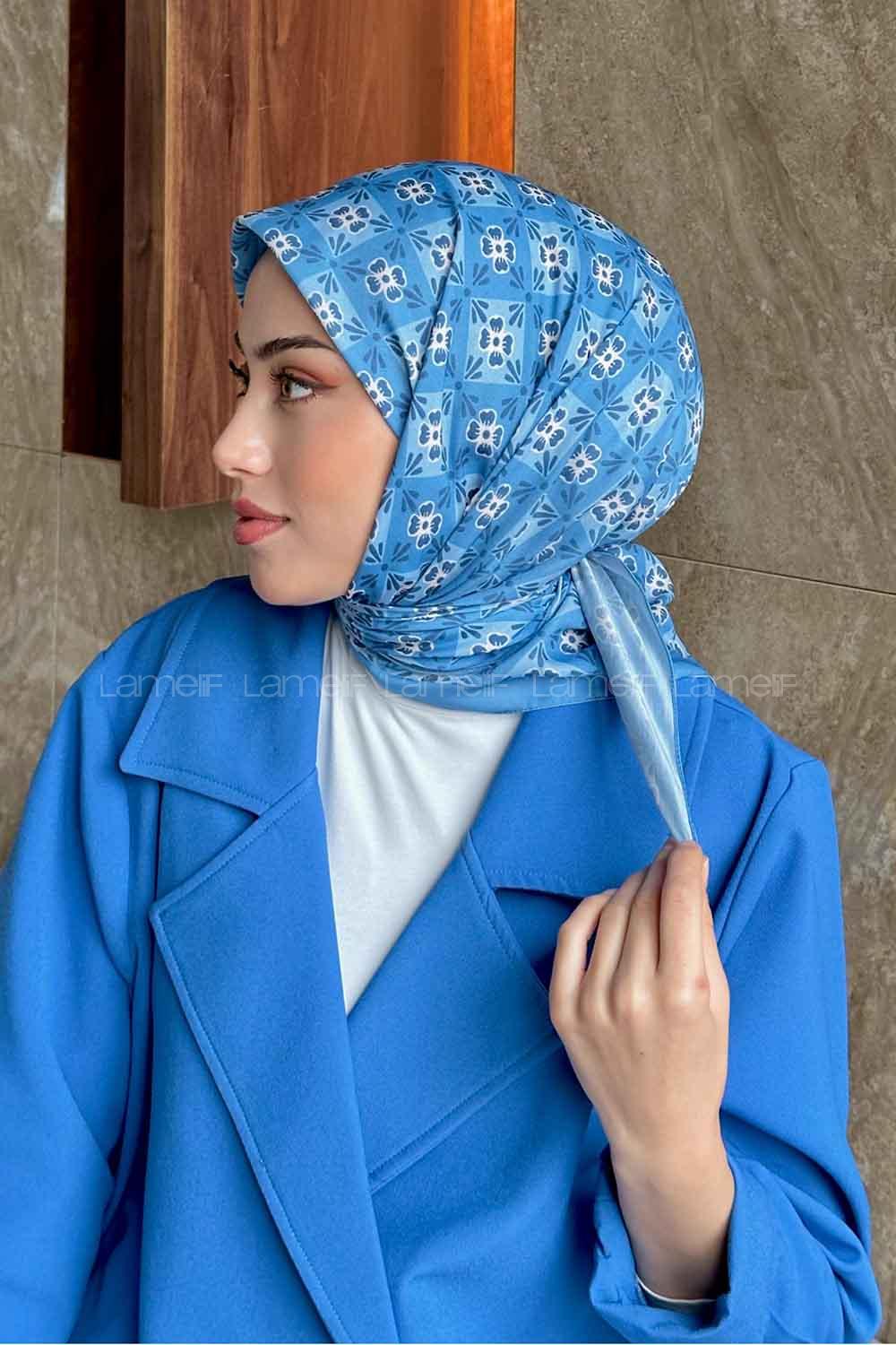 Lamelif Etnik Çiçek Desen Soft Eşarp Serisi Kot Mavisi