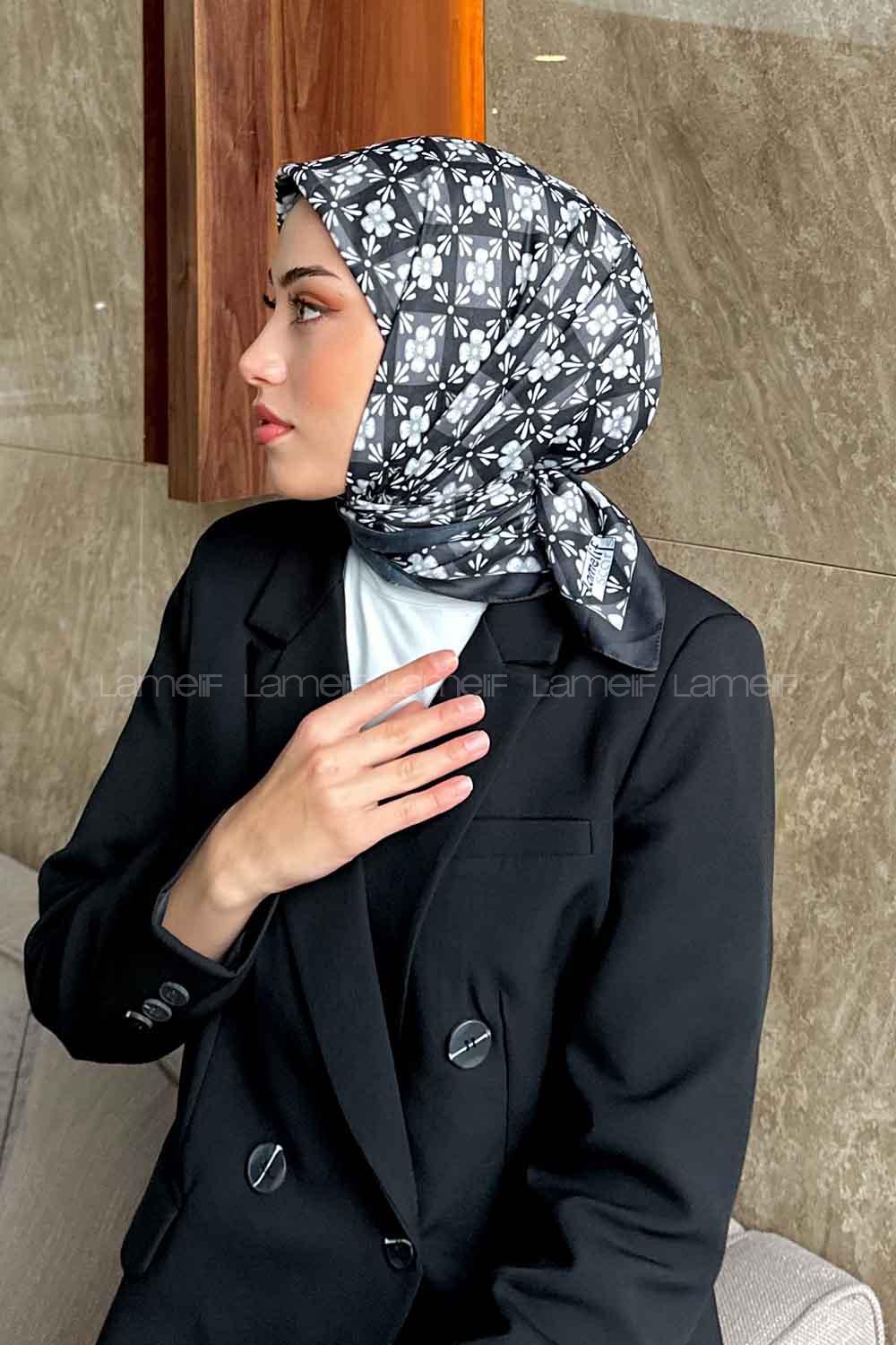 Lamelif Etnik Çiçek Desen Soft Eşarp Serisi Siyah