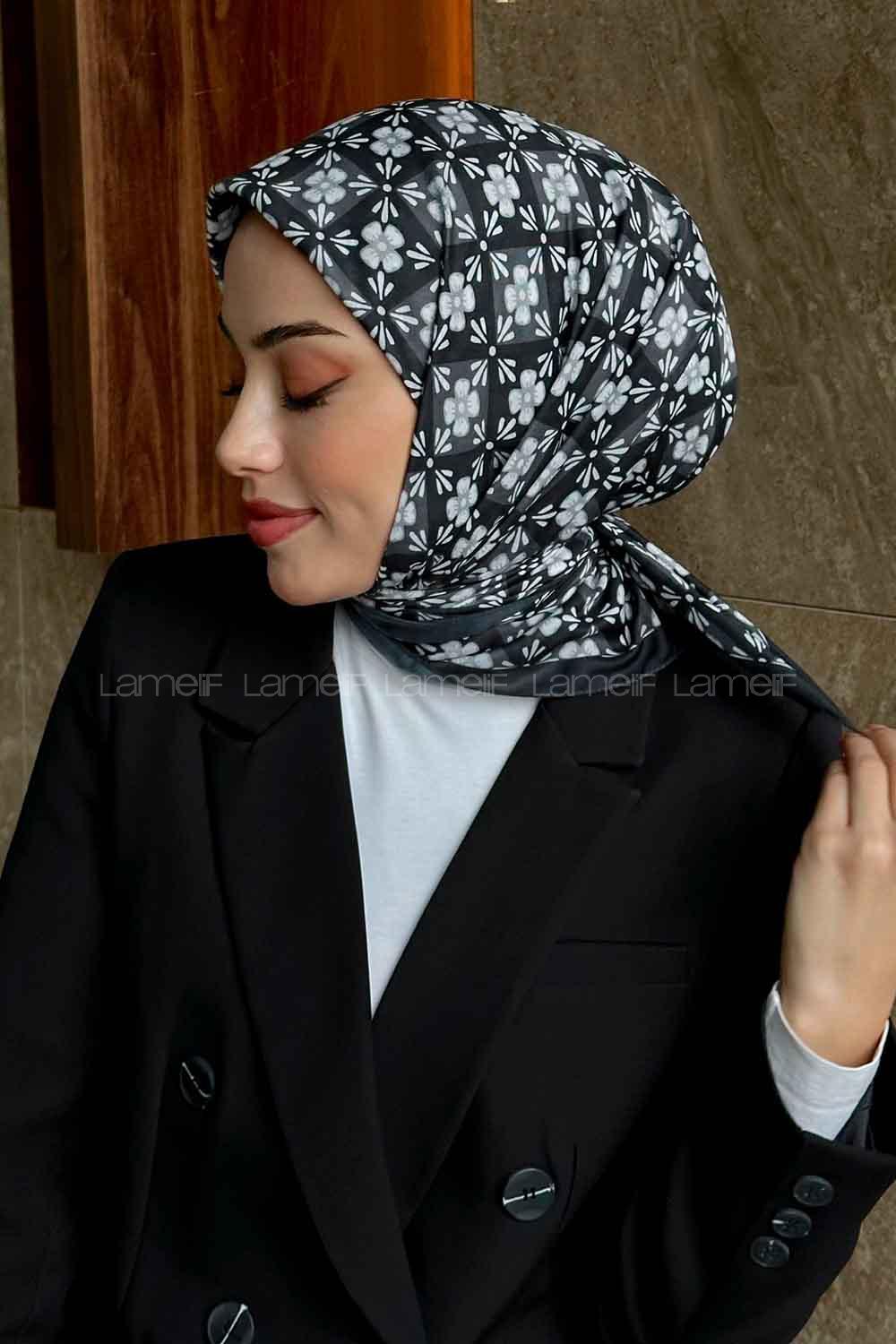 Lamelif Etnik Çiçek Desen Soft Eşarp Serisi Siyah