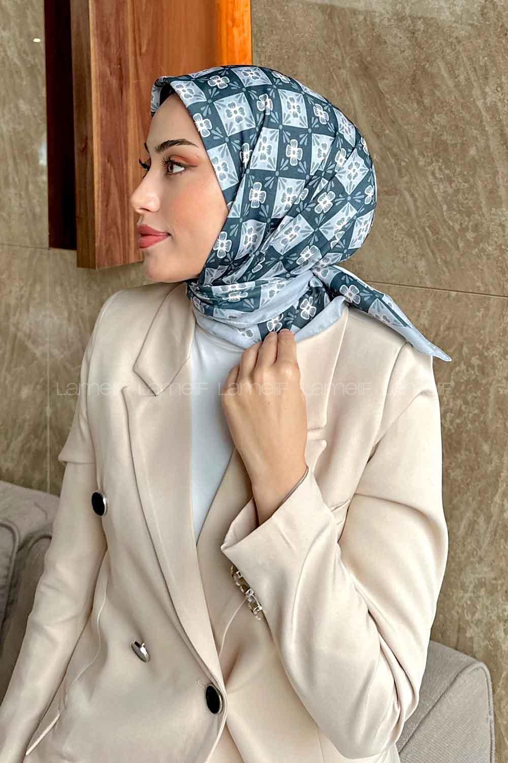 Lamelif Etnik Çiçek Desen Soft Eşarp Serisi Siyah-Gri