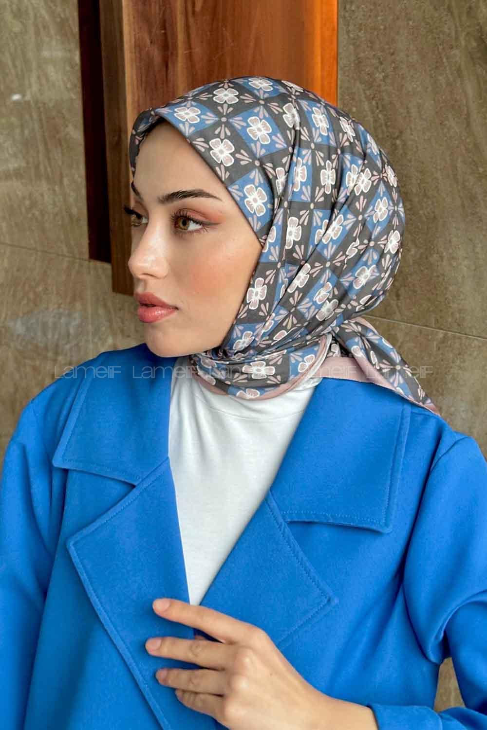 Lamelif Etnik Çiçek Desen Soft Eşarp Serisi Tozlu Kahve