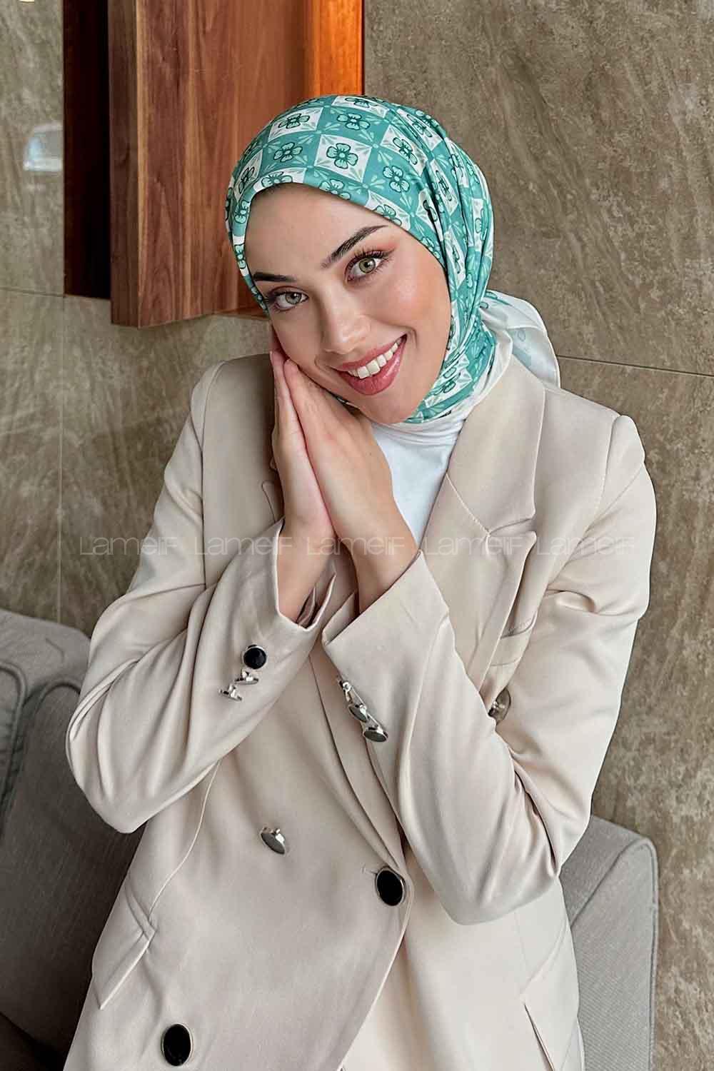 Lamelif Etnik Çiçek Desen Soft Eşarp Serisi Yaprak Yeşili