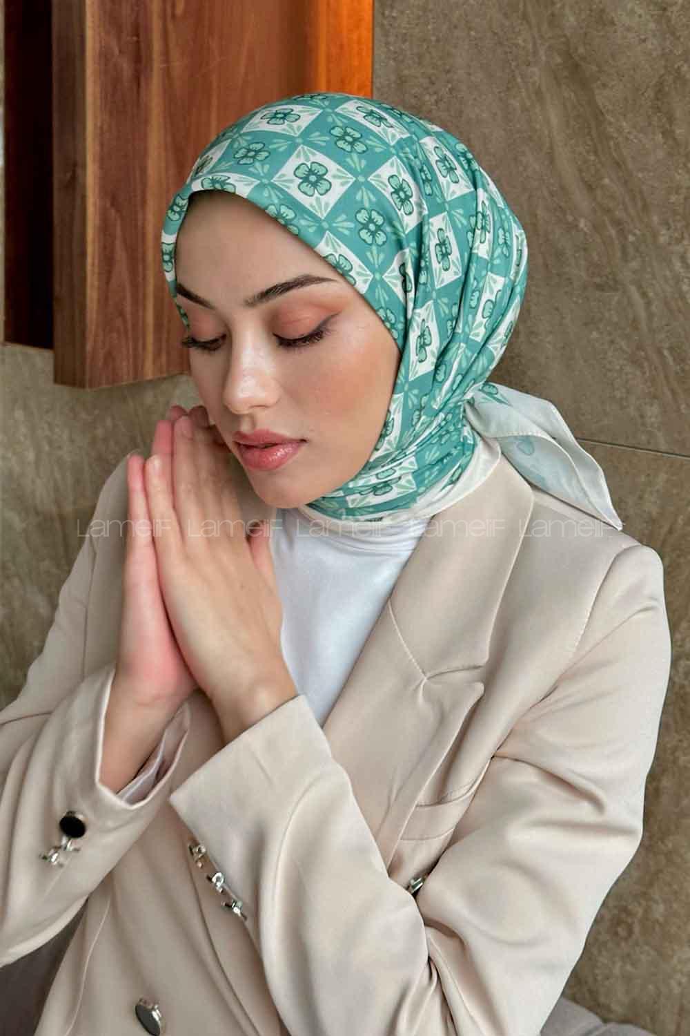 Lamelif Etnik Çiçek Desen Soft Eşarp Serisi Yaprak Yeşili