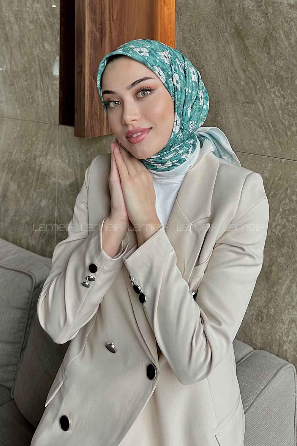 Lamelif Garden Desen Soft Eşarp Serisi Yaprak Yeşili