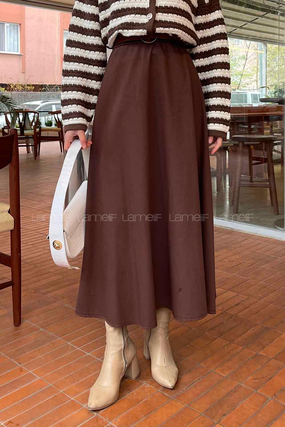 Lamelif Kloş Keten Etek Acı Kahve