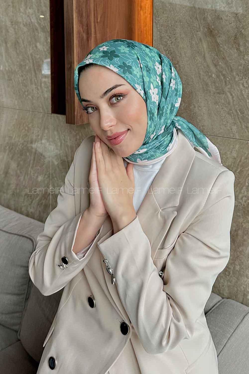 Lamelif Mini Çiçek Desen Soft Eşarp Serisi Mint Yeşili