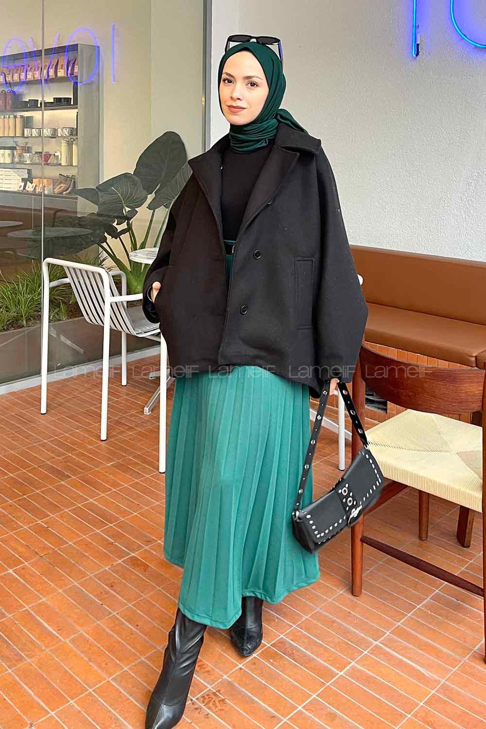 Modalamelif Yarasa Kaşe Kısa Kaban Siyah