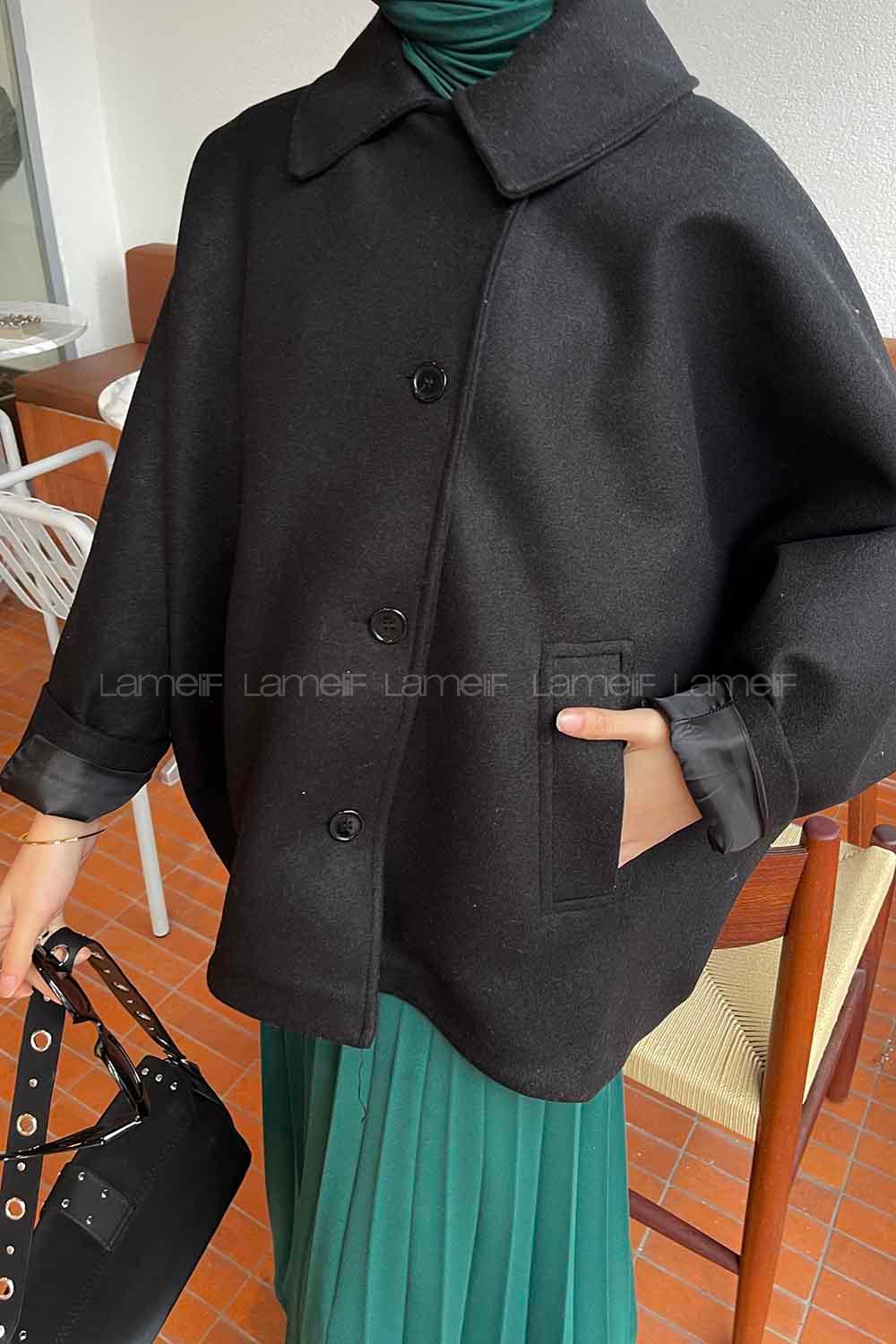 Modalamelif Yarasa Kaşe Kısa Kaban Siyah