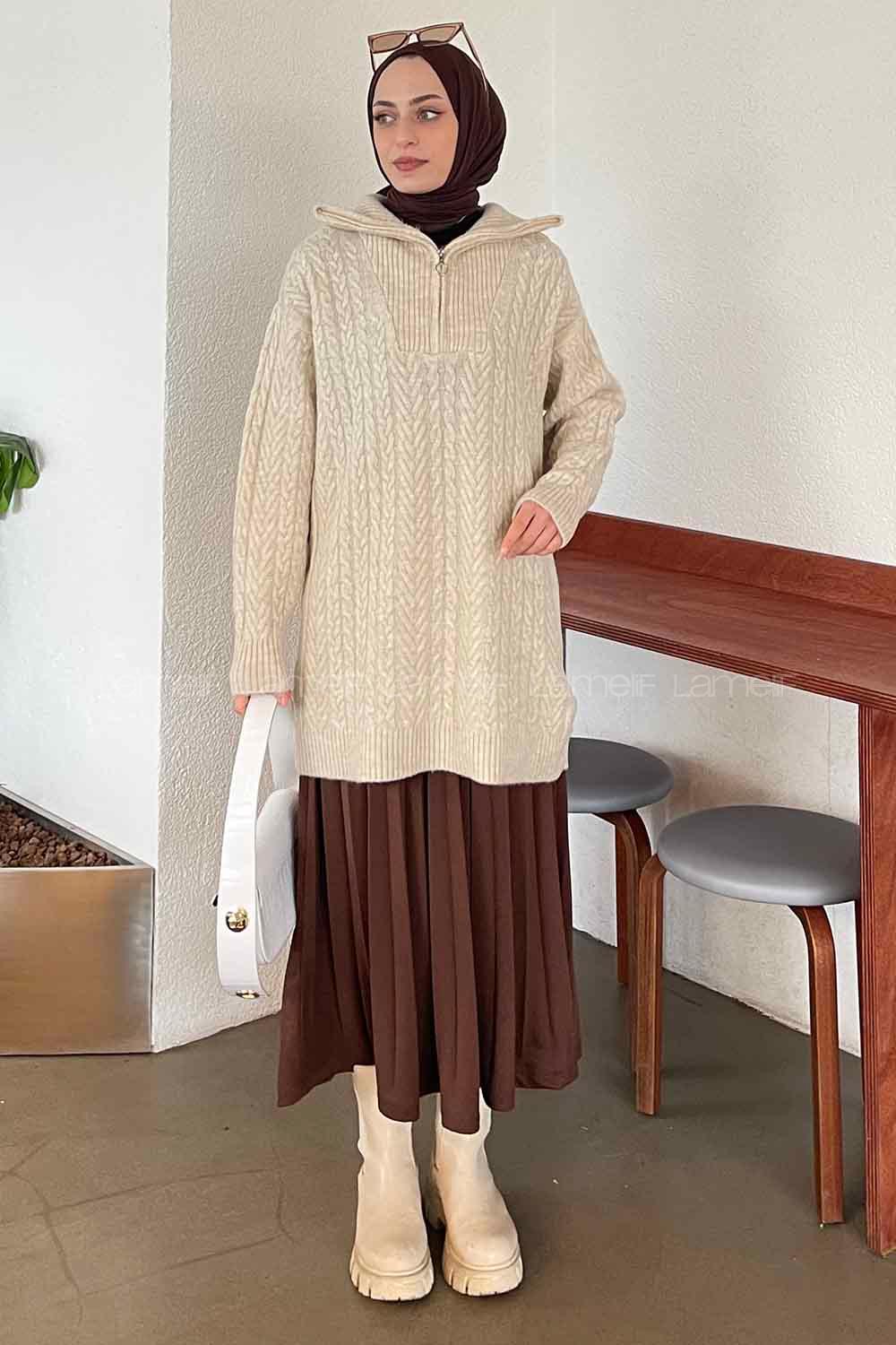 Beige Choker Neck Knitwear Tunic