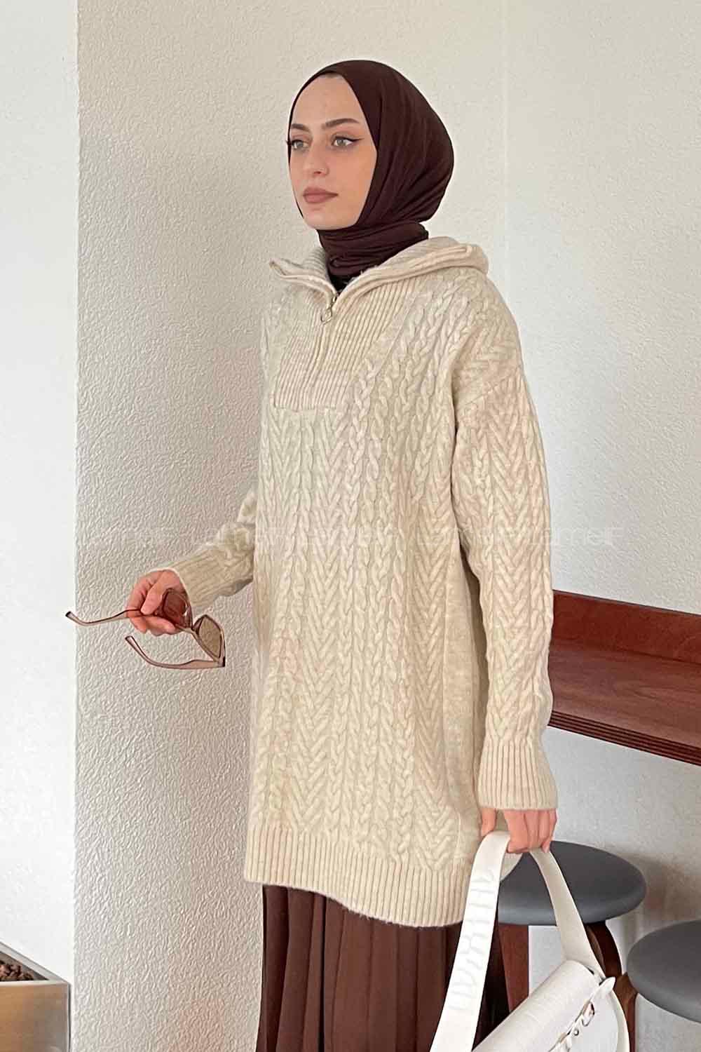 Beige Choker Neck Knitwear Tunic