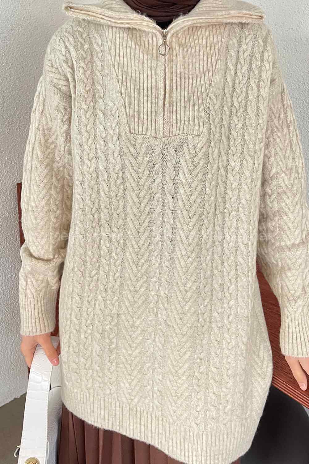 Beige Choker Neck Knitwear Tunic