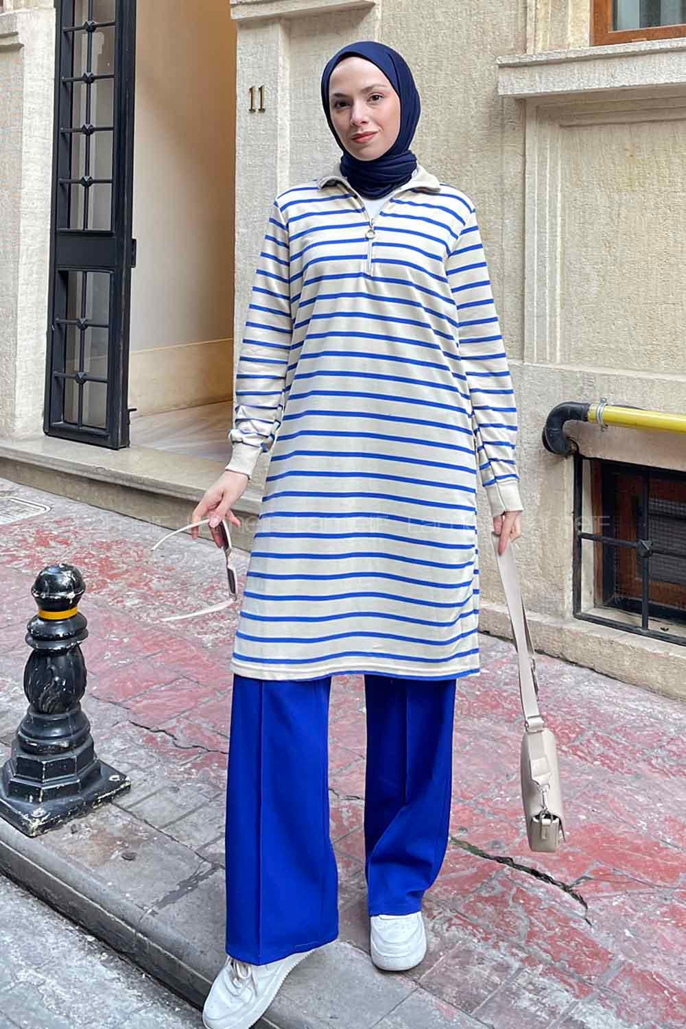 Lamelif Boğazlı Çizgili Uzun Tunik Mavi