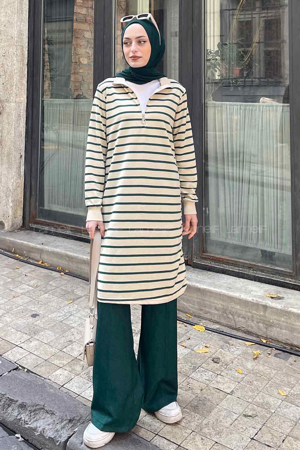 Lamelif Boğazlı Çizgili Uzun Tunik Yeşil