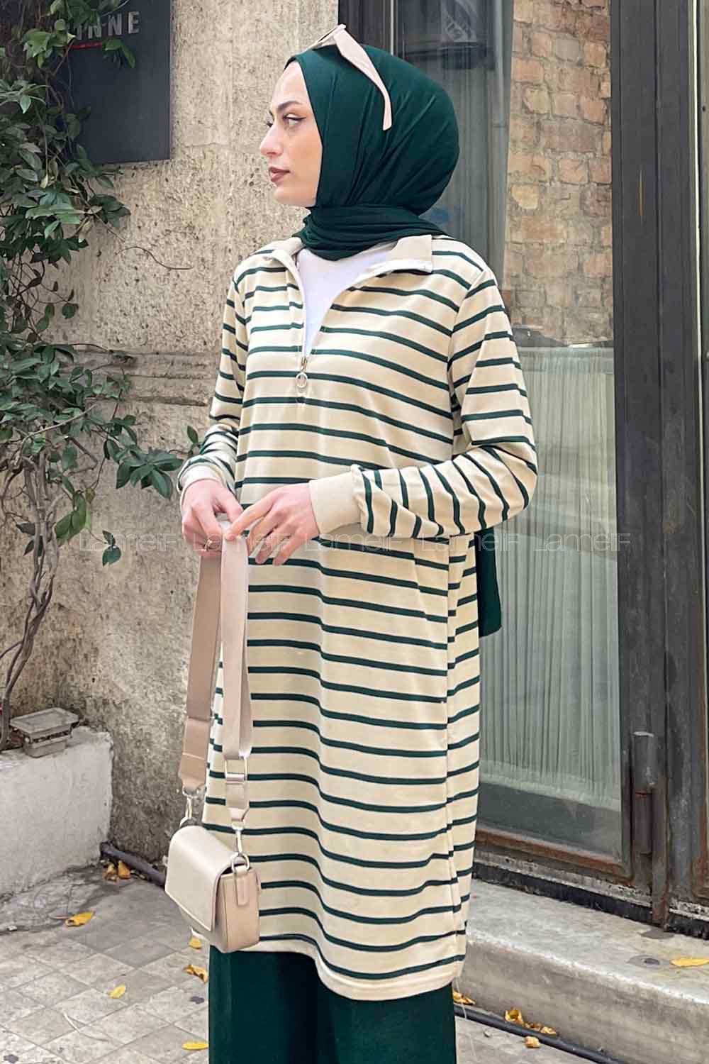 Lamelif Boğazlı Çizgili Uzun Tunik Yeşil