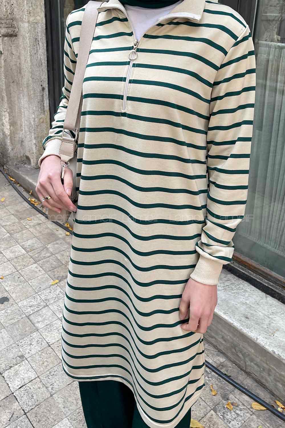 Lamelif Boğazlı Çizgili Uzun Tunik Yeşil