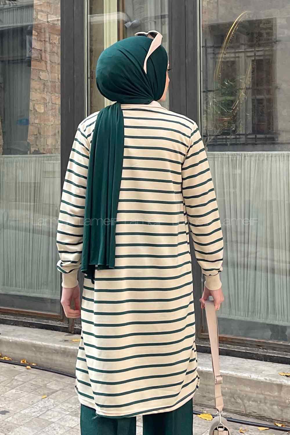 Lamelif Boğazlı Çizgili Uzun Tunik Yeşil