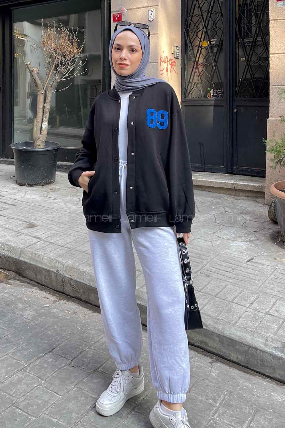 Black Mandarin Collar Long Arm Cotton Fabric Jacket