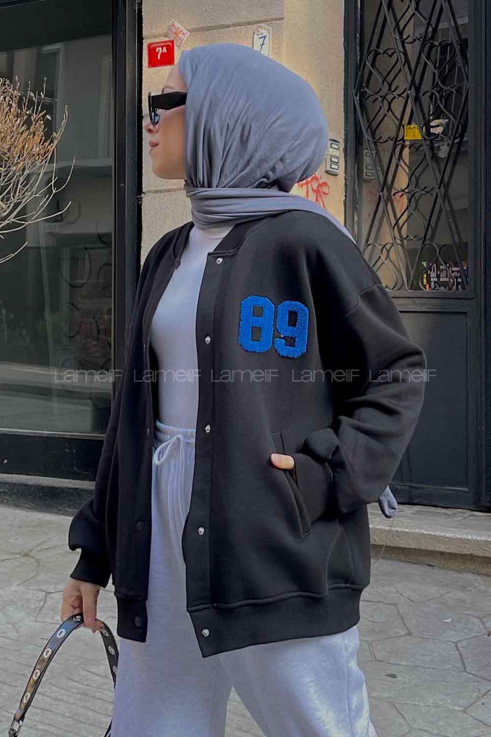 Black Mandarin Collar Long Arm Cotton Fabric Jacket