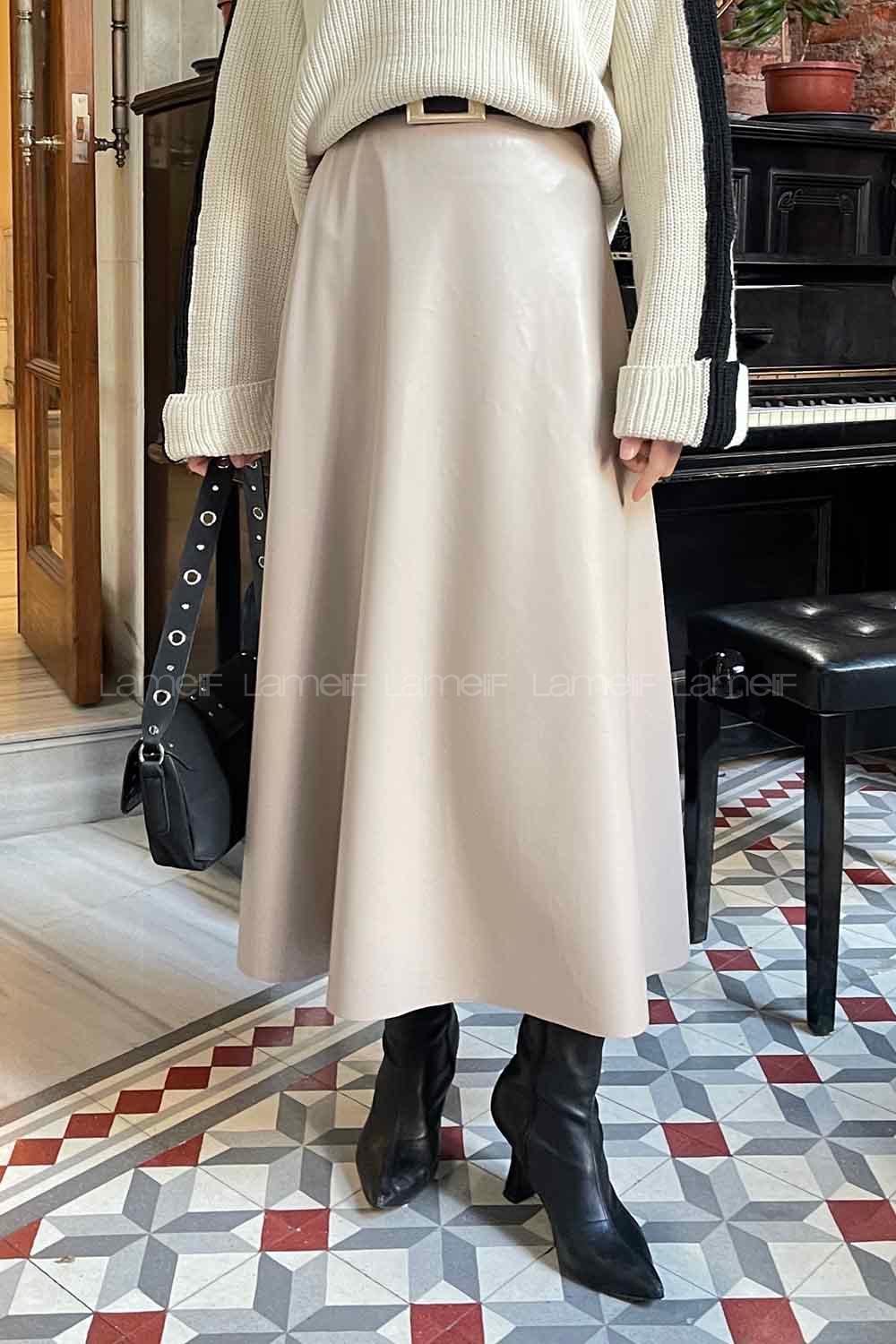 Lamelif Zeyna Suni Deri Maxı Kloş Etek Bej