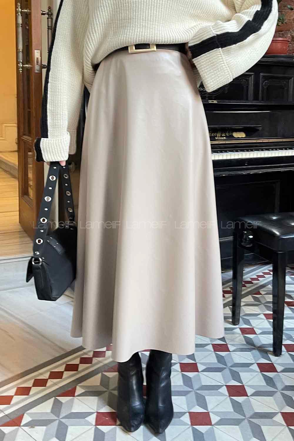 Lamelif Zeyna Suni Deri Maxı Kloş Etek Bej