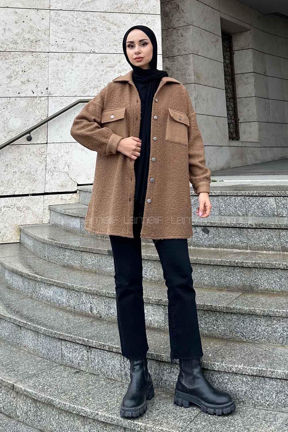 Lamelif Boydan Düğmeli Buklet Gömlek Kahverengi