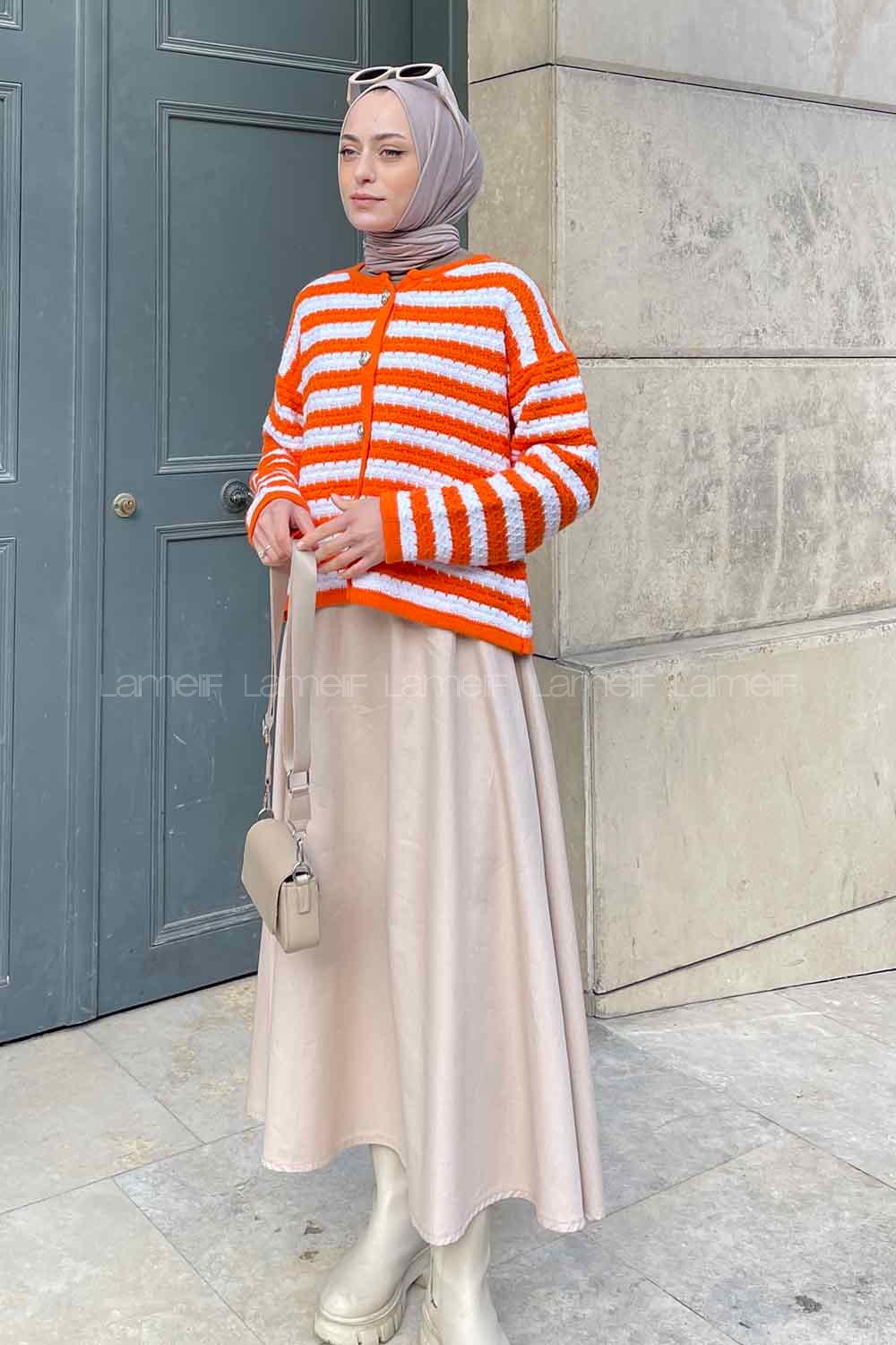 Lamelif Çizgili Kısa Kazak Turuncu