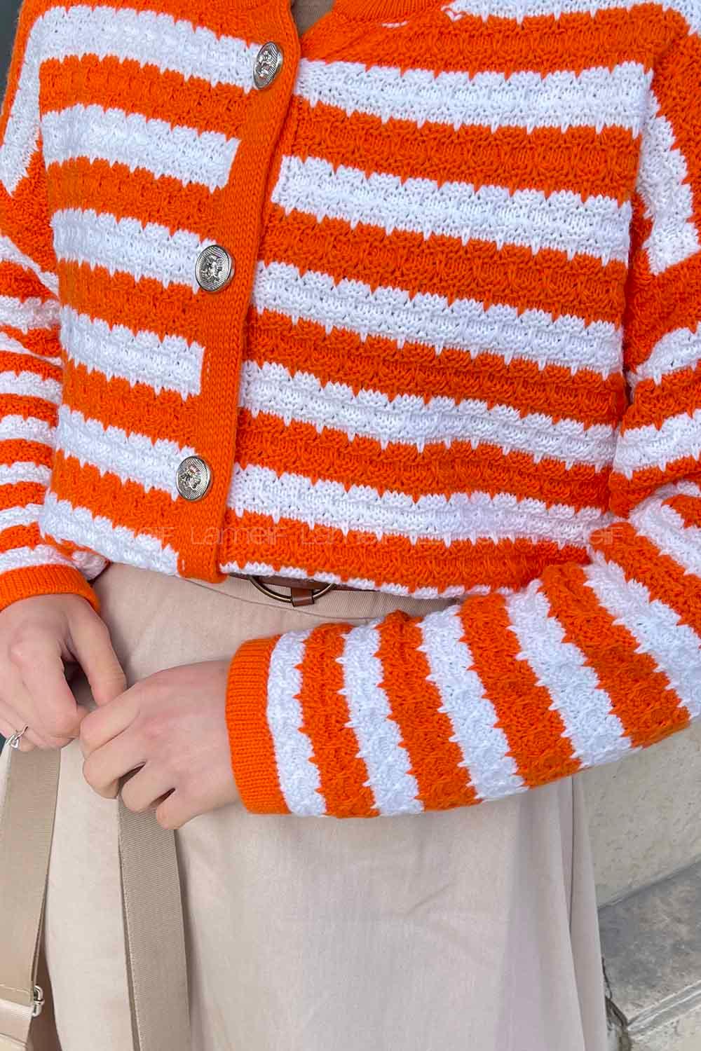 Lamelif Çizgili Kısa Kazak Turuncu