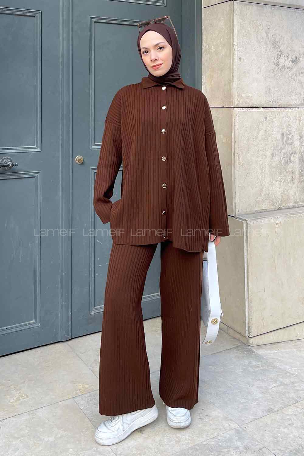 Bitter Brown Shirt Collar Long Arm Knitwear Regular Trousers Comfortable Suit