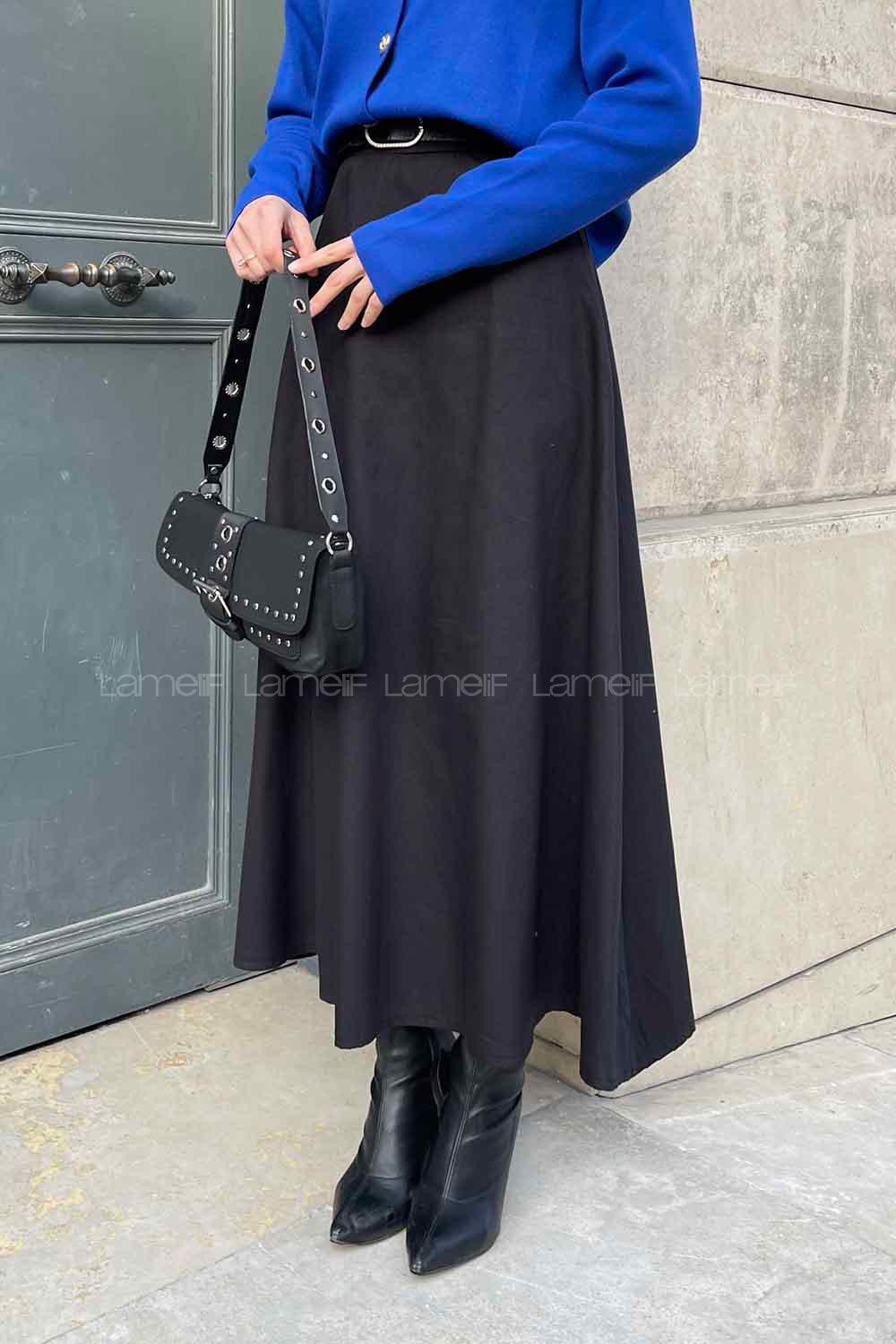 Lamelif Kloş Keten Etek Siyah