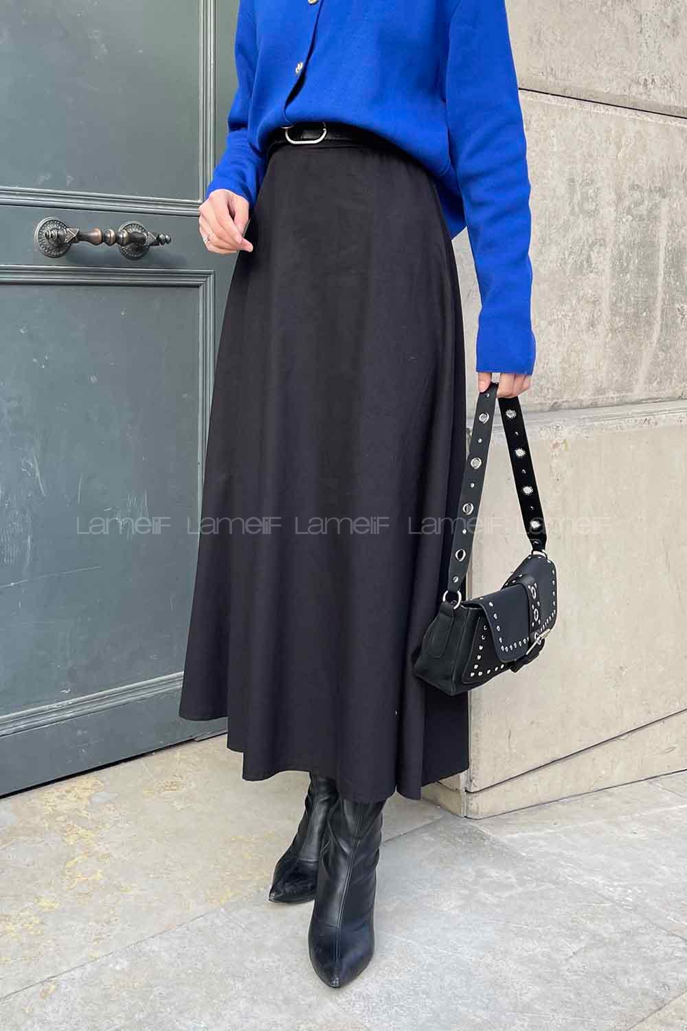 Lamelif Kloş Keten Etek Siyah